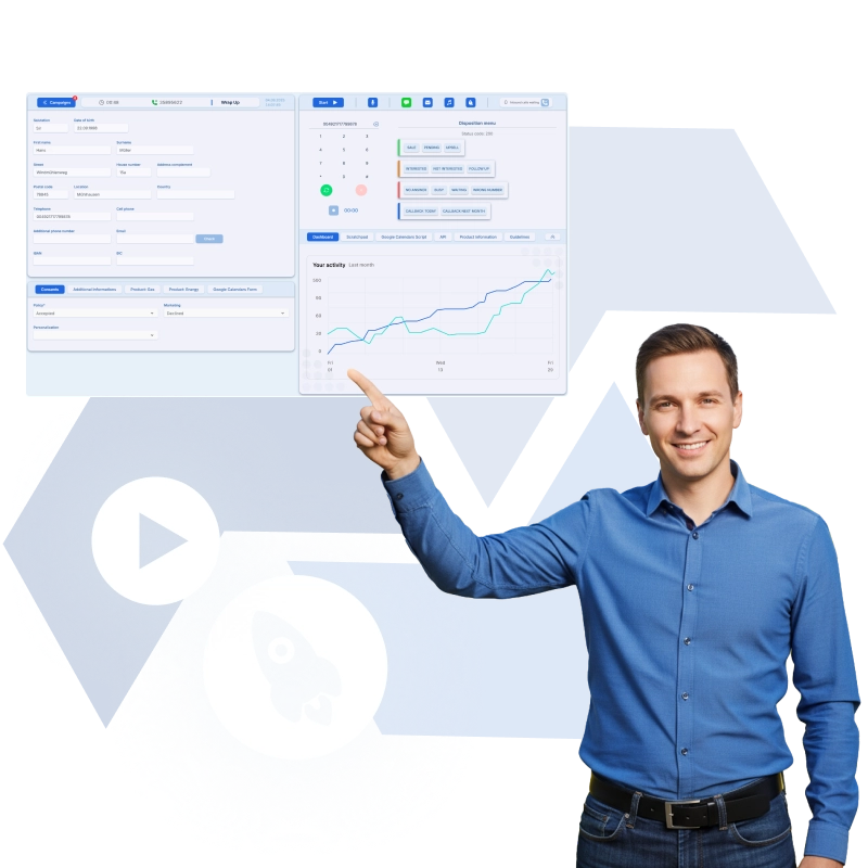Un homme montrant une capture d’écran du logiciel TCdial.