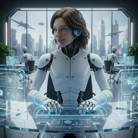 Un robot humanoïde qui travaille comme agent de centre d’appel.