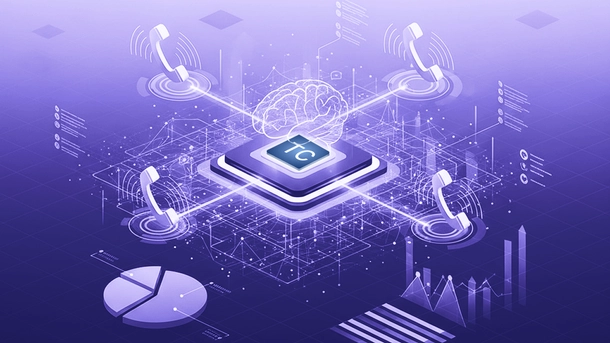 Un processeur avec le logo TCdial, au-dessus un cerveau digital envoyant des signaux à quatre téléphones, avec des statistiques et graphiques en arrière-plan.