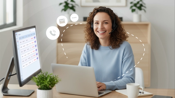 Une femme satisfaite travaille à son bureau sur son ordinateur portable.